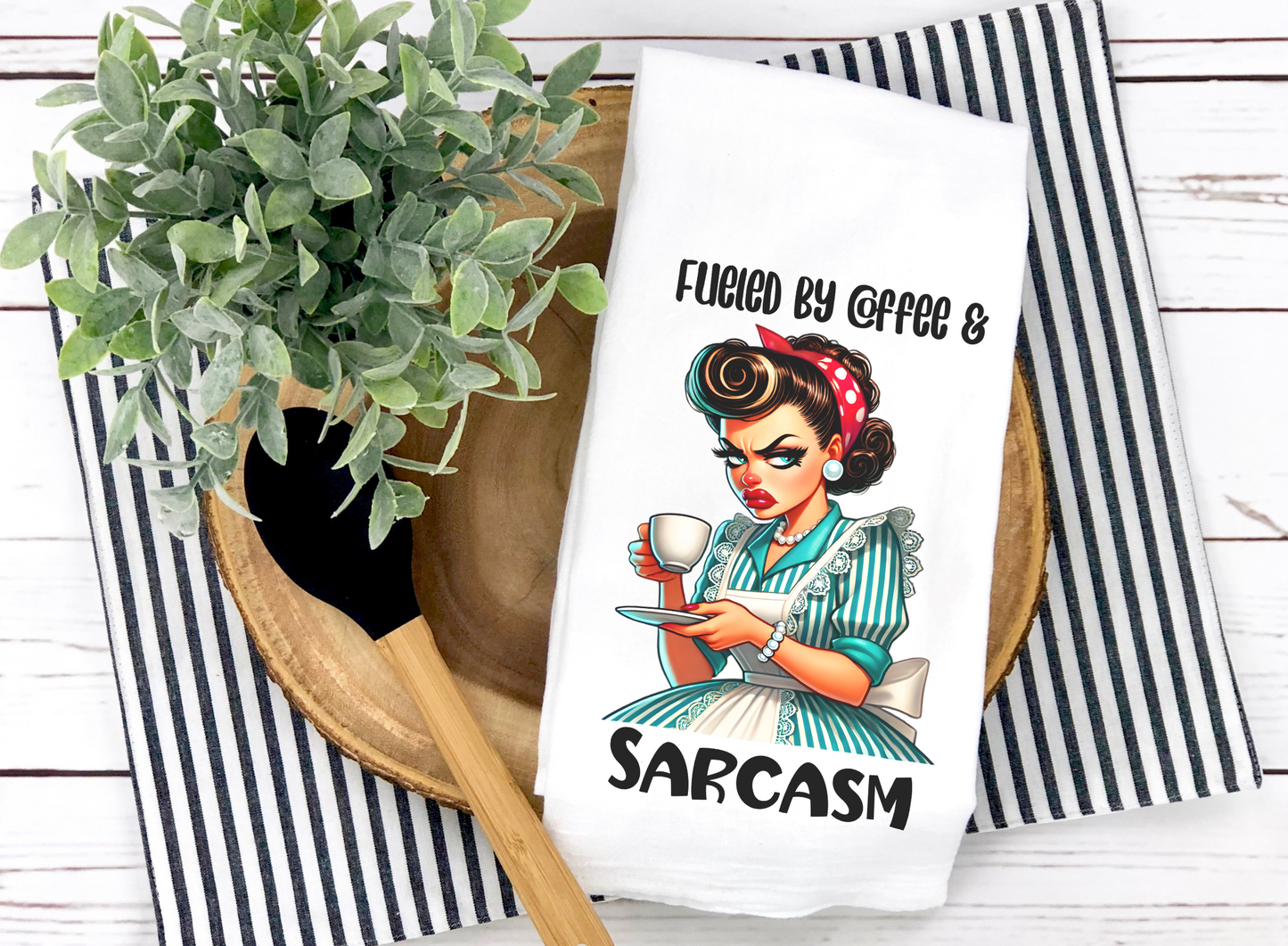 Vintage-Inspired "Fueled by Coffee & Sarcasm" Cotton Tea Towel - Humorous Kitchen Decor