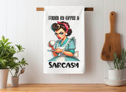 Vintage-Inspired "Fueled by Coffee & Sarcasm" Cotton Tea Towel - Humorous Kitchen Decor