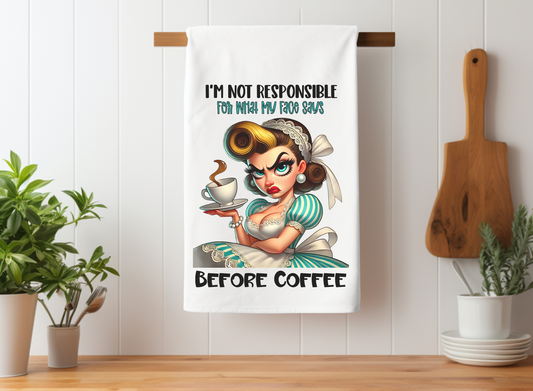 Vintage-Inspired "I'm Not Responsible For What My Face Says Before Coffee" Cotton Tea Towel - Humorous Kitchen Decor