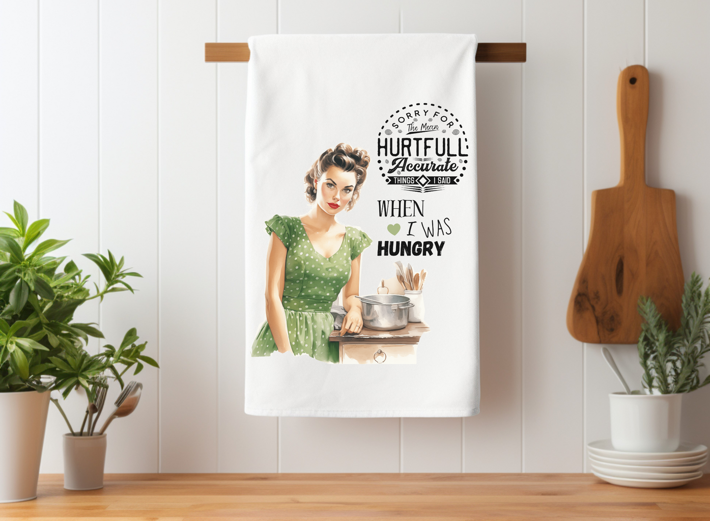 Funny Vintage Apology Tea Towel – "Sorry for Mean Things I Said When Hungry" - Humorous Kitchen Decor