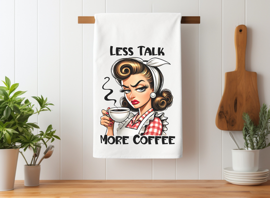 Vintage-Inspired "Less Talk More Coffee" Cotton Tea Towel - Humorous Kitchen Decor