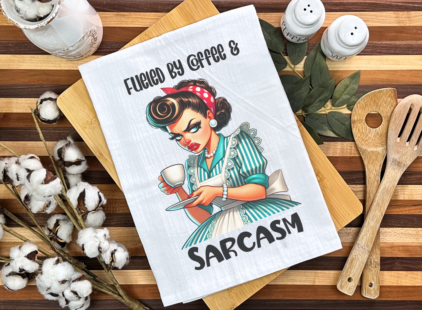 Vintage-Inspired "Fueled by Coffee & Sarcasm" Cotton Tea Towel - Humorous Kitchen Decor