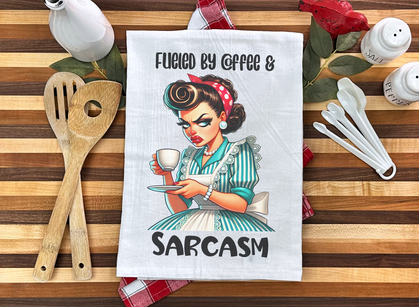 Vintage-Inspired "Fueled by Coffee & Sarcasm" Cotton Tea Towel - Humorous Kitchen Decor